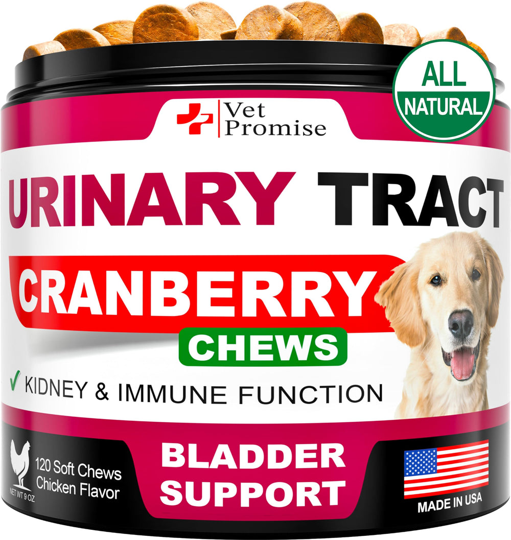 Vet Promise dog UTI cranberry chews packaging supports urinary health.