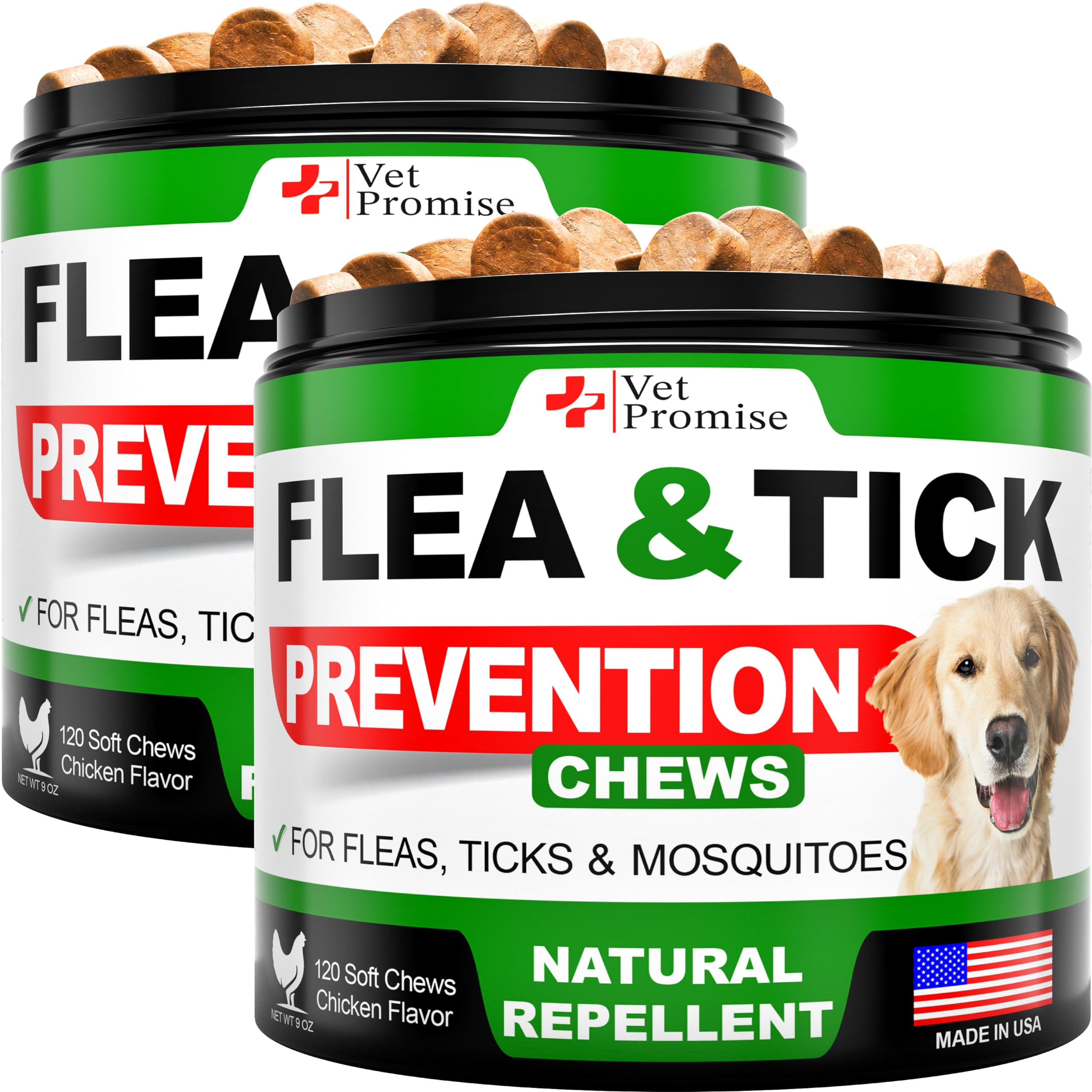 Vet Promise flea tick chews bottle for easy daily protection against pests.