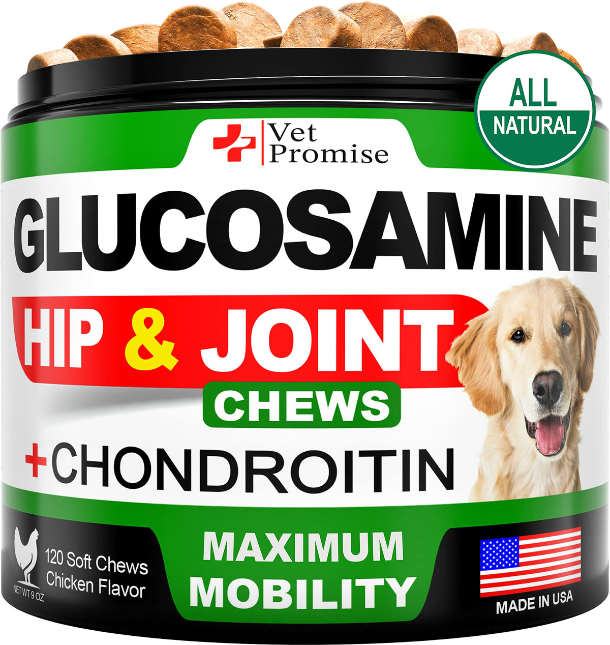 Vet Promise glucosamine for dogs bottle label highlighting joint support