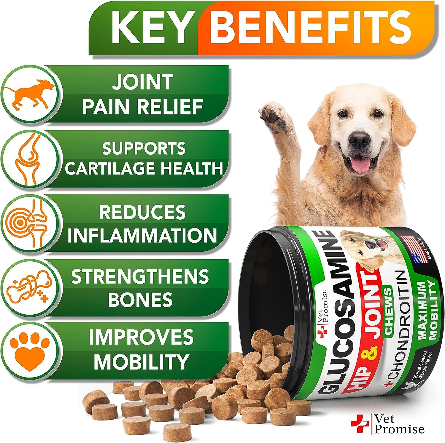 Vet Promise glucosamine dogs chews closeup highlights natural ingredients for joints