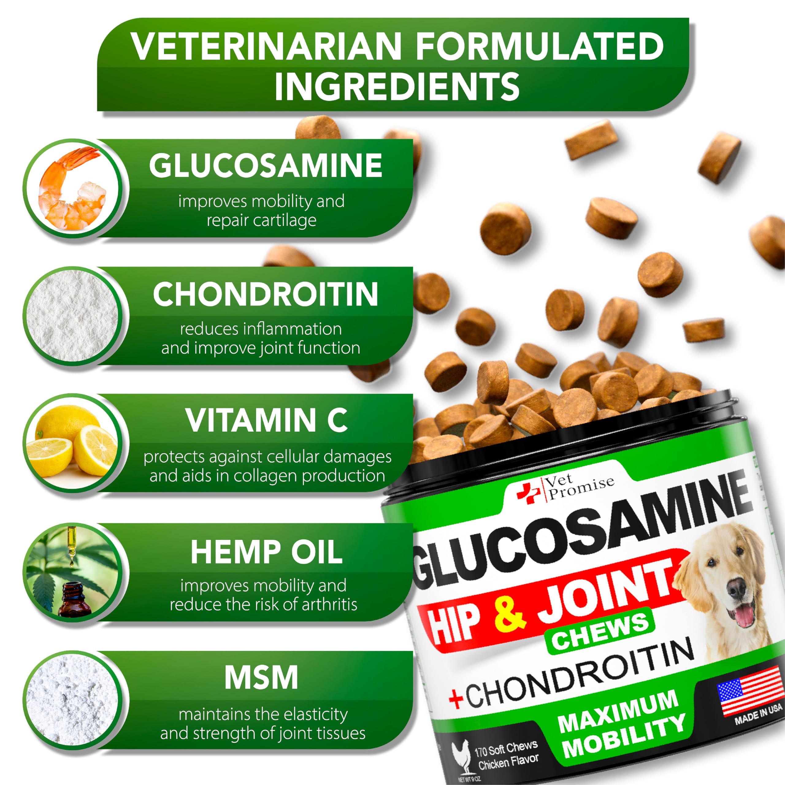 Vet Promise glucosamine dog dish bowl showcases serving size for daily joint care.