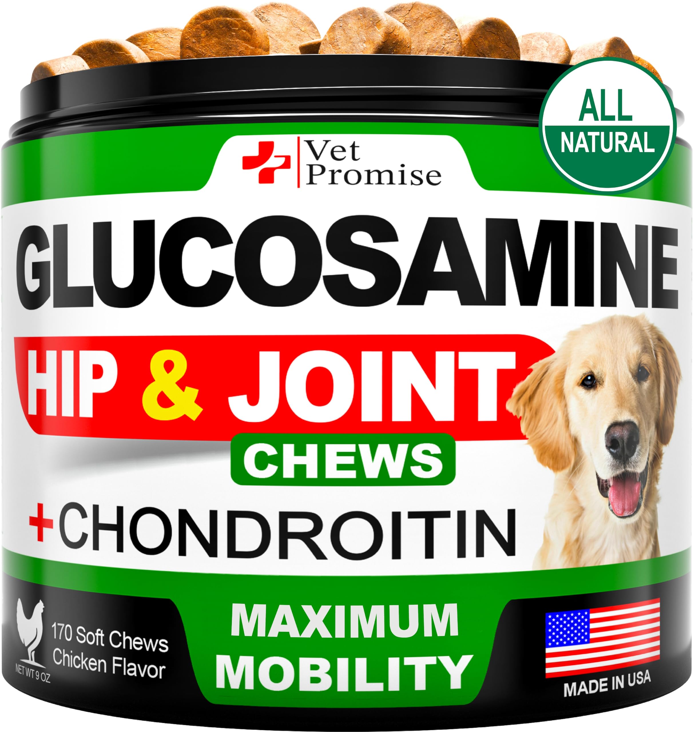 Vet Promise glucosamine dog packaging front highlights joint support and USA-made quality.
