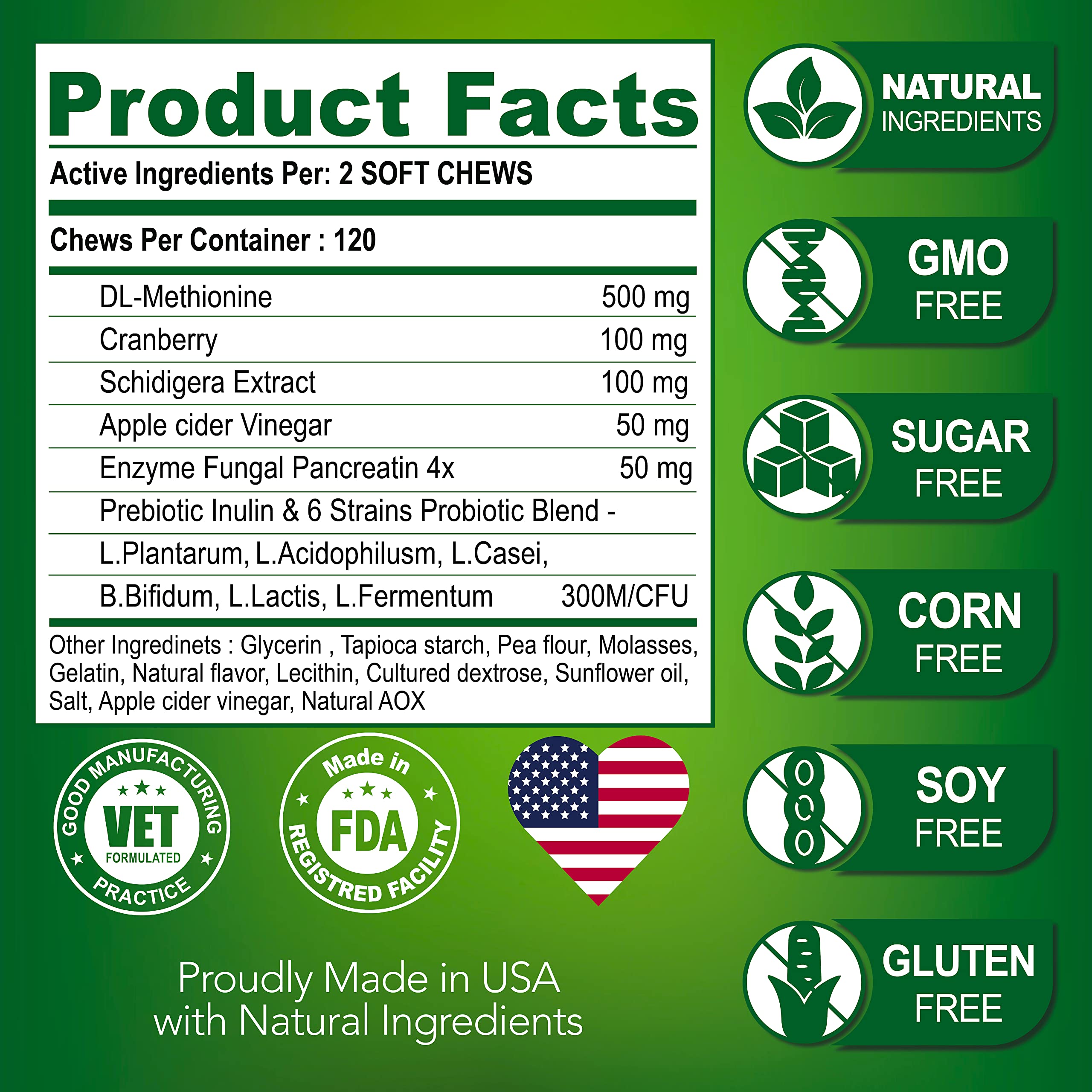 Vet Promise Grass Burn Chews made in USA shown with natural ingredients.