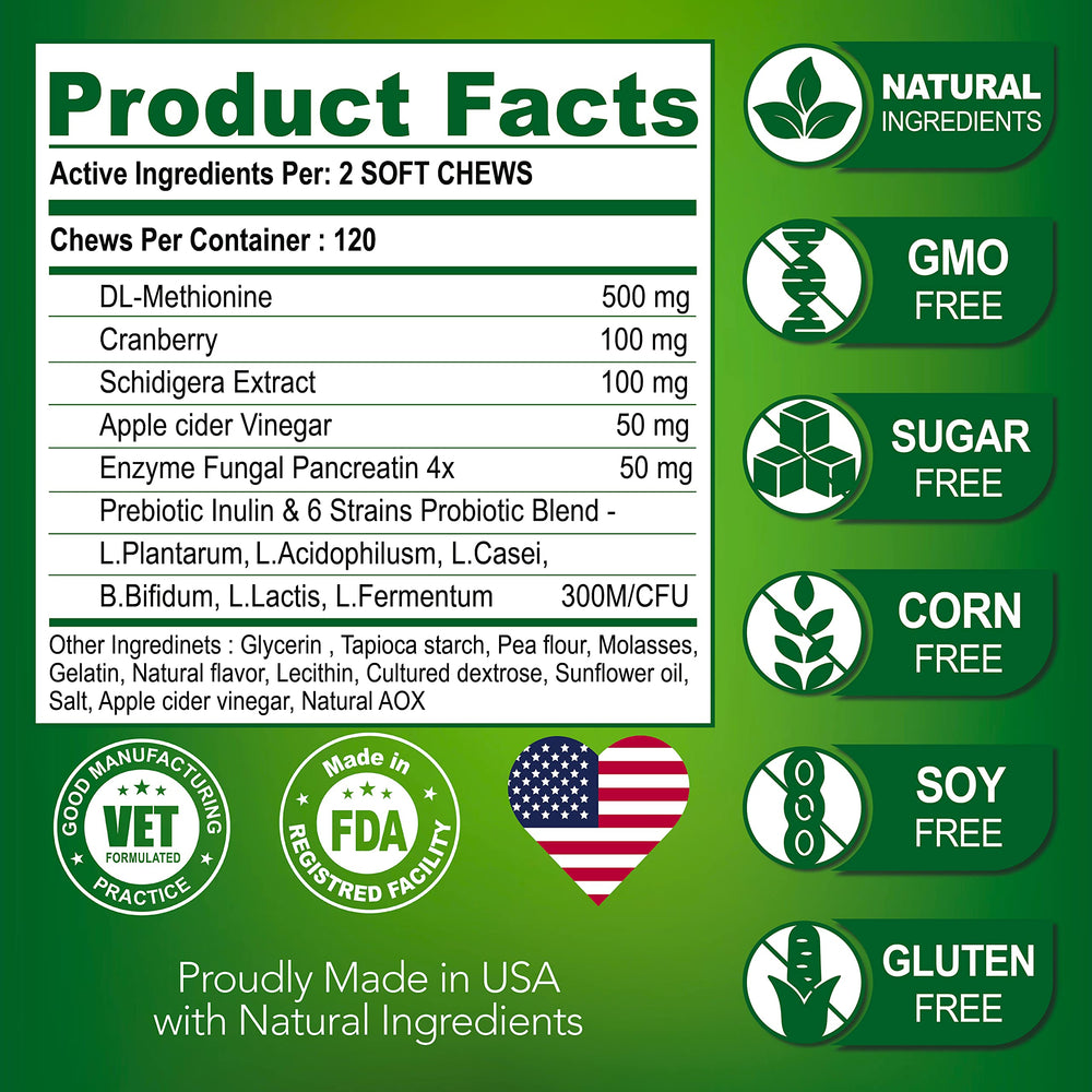 Vet Promise Grass Burn Chews made in USA shown with natural ingredients.