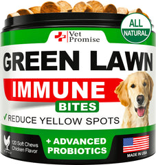 Vet Promise Grass Burn Chews packaging highlights a US-made lawn-safe solution for dog urine.