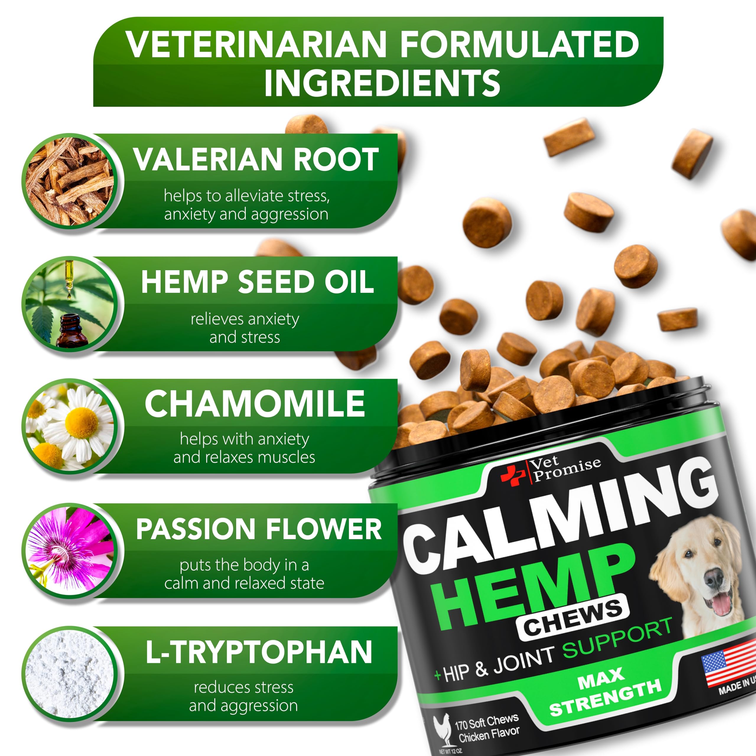 Vet Promise hemp calming chews 170-count bottle supports ongoing calm