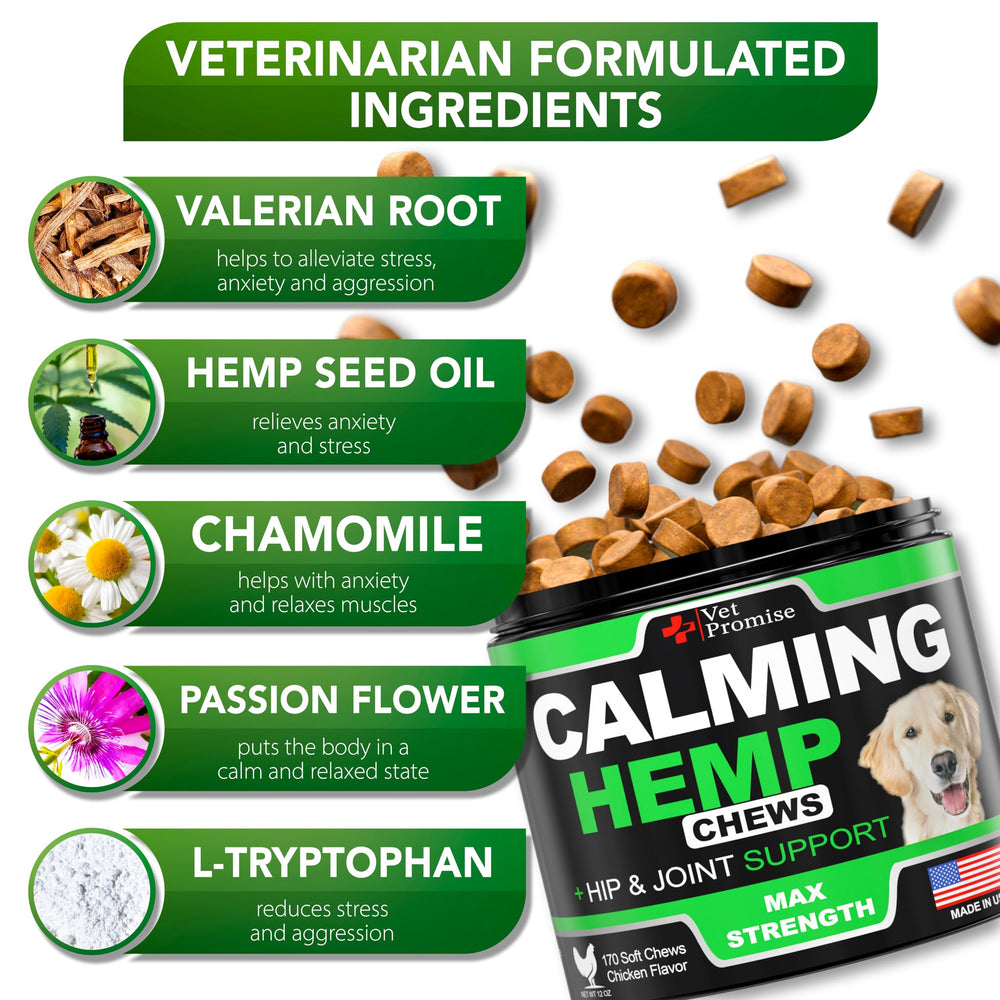 Vet Promise hemp calming chews 170-count bottle supports ongoing calm