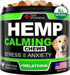 Vet Promise hemp calming chews bottle closeup showing soft treats for anxiety relief