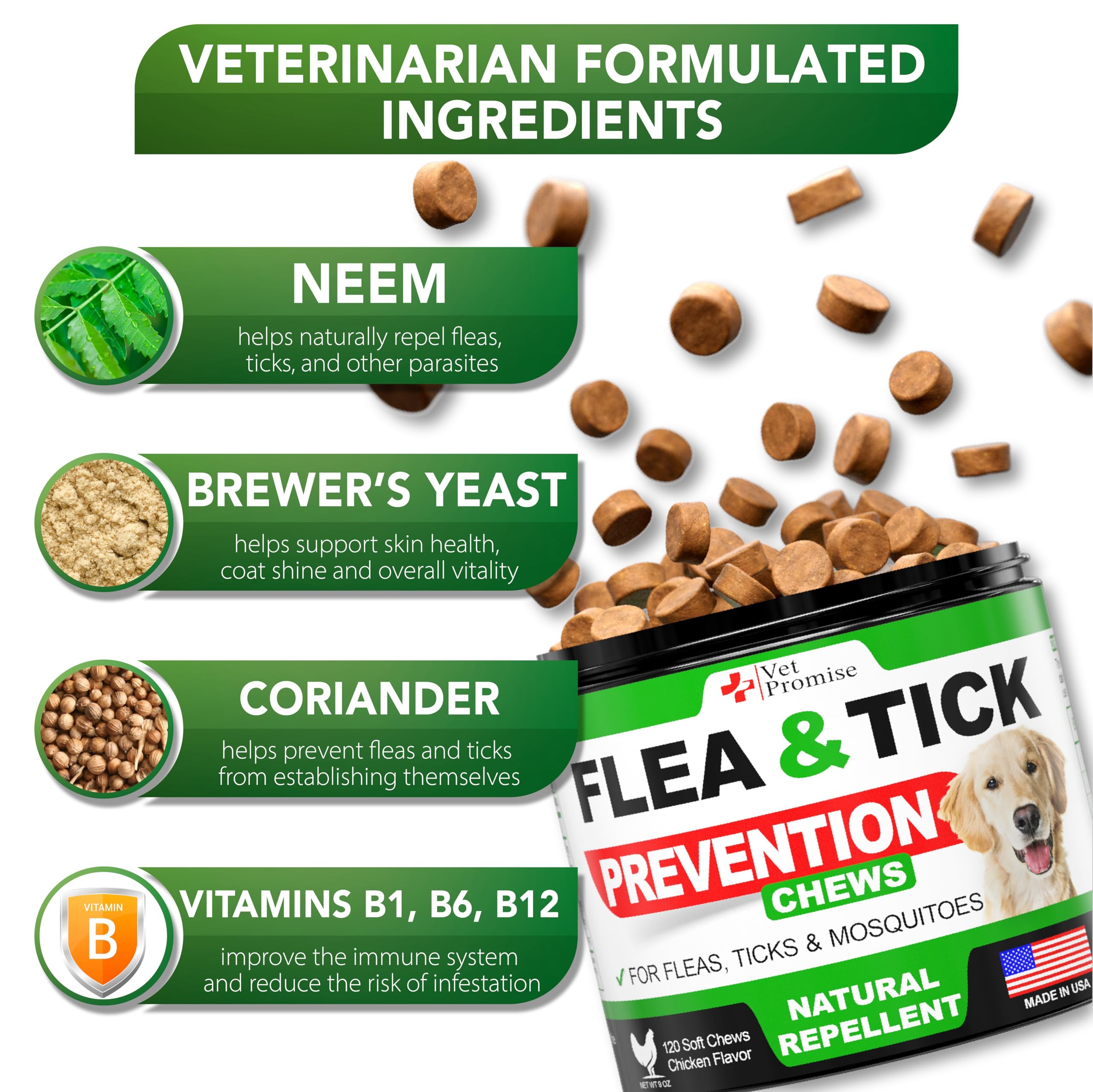 Vet Promise natural ingredients mix demonstrates safe, natural support for dogs.