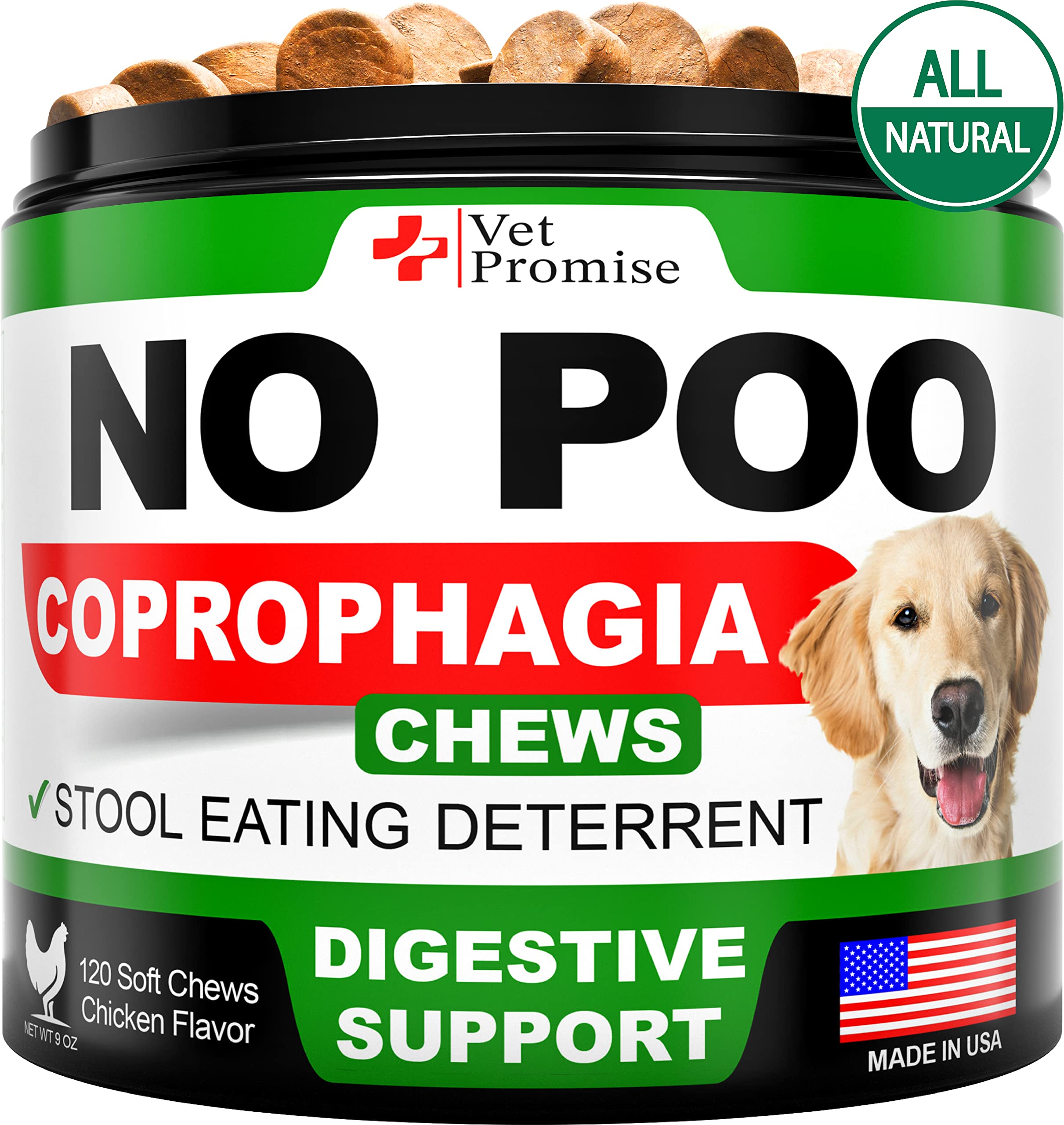 Vet Promise No Poo Chews bottle front demonstrates a US-made stool deterrent for coprophagia.