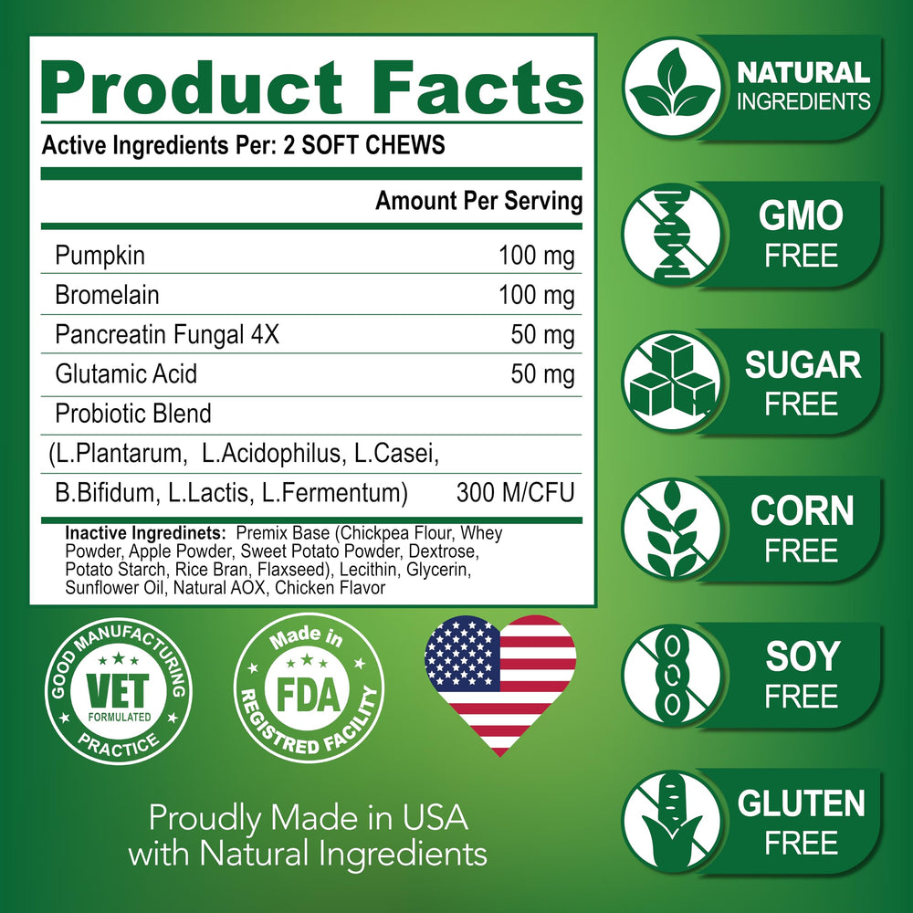 Vet Promise No Poo Chews made in USA emphasizes vet formulation and quality.