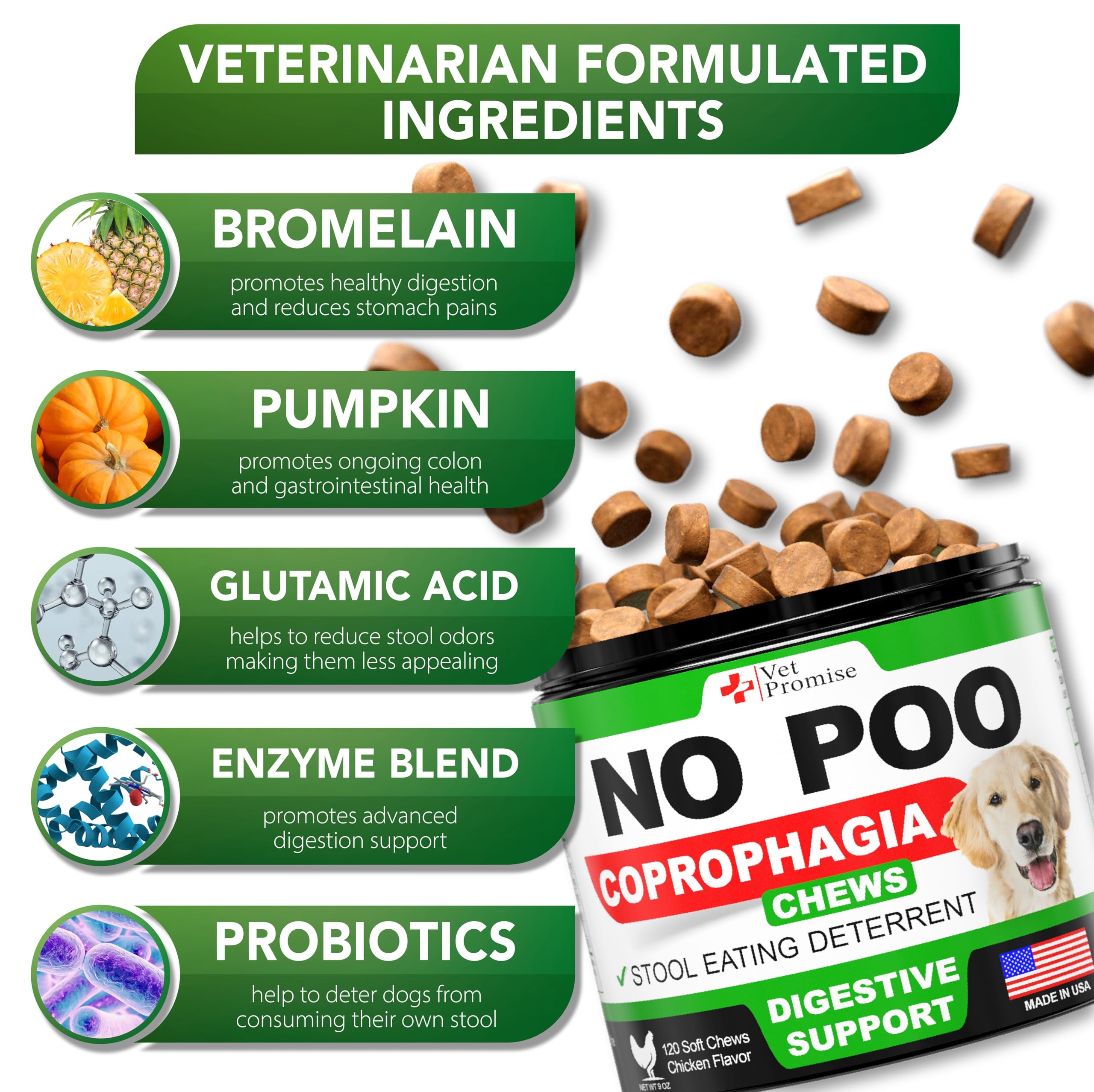 Vet Promise No Poo Chews probiotic blend supports balanced gut flora and regularity.