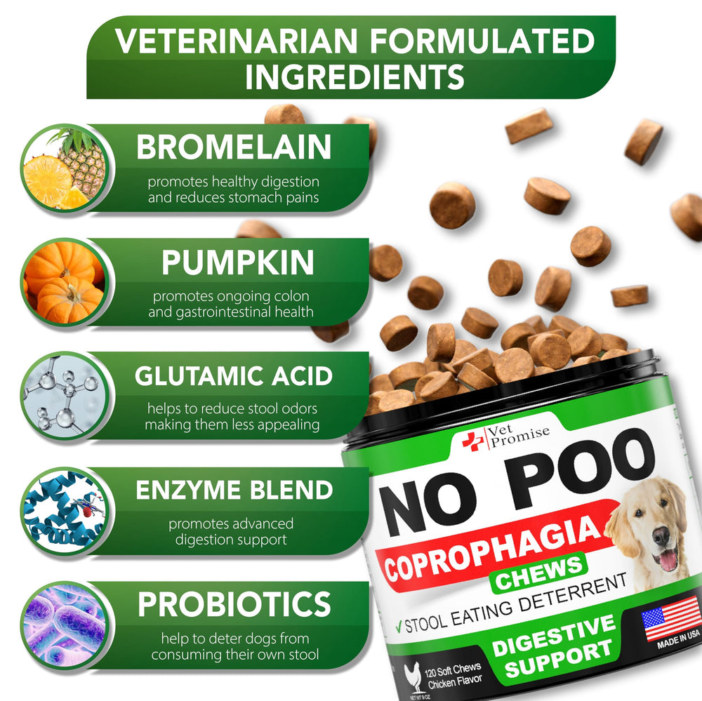 Vet Promise No Poo Chews probiotic blend supports balanced gut flora and regularity.