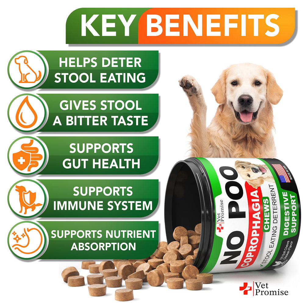 Vet Promise No Poo Chews treats closeup emphasizes probiotic blend for gut health.