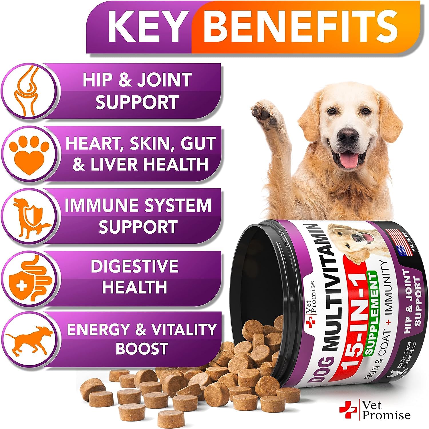 Vet Promise omega-3 salmon oil dog chews support healthy skin and a shiny coat.