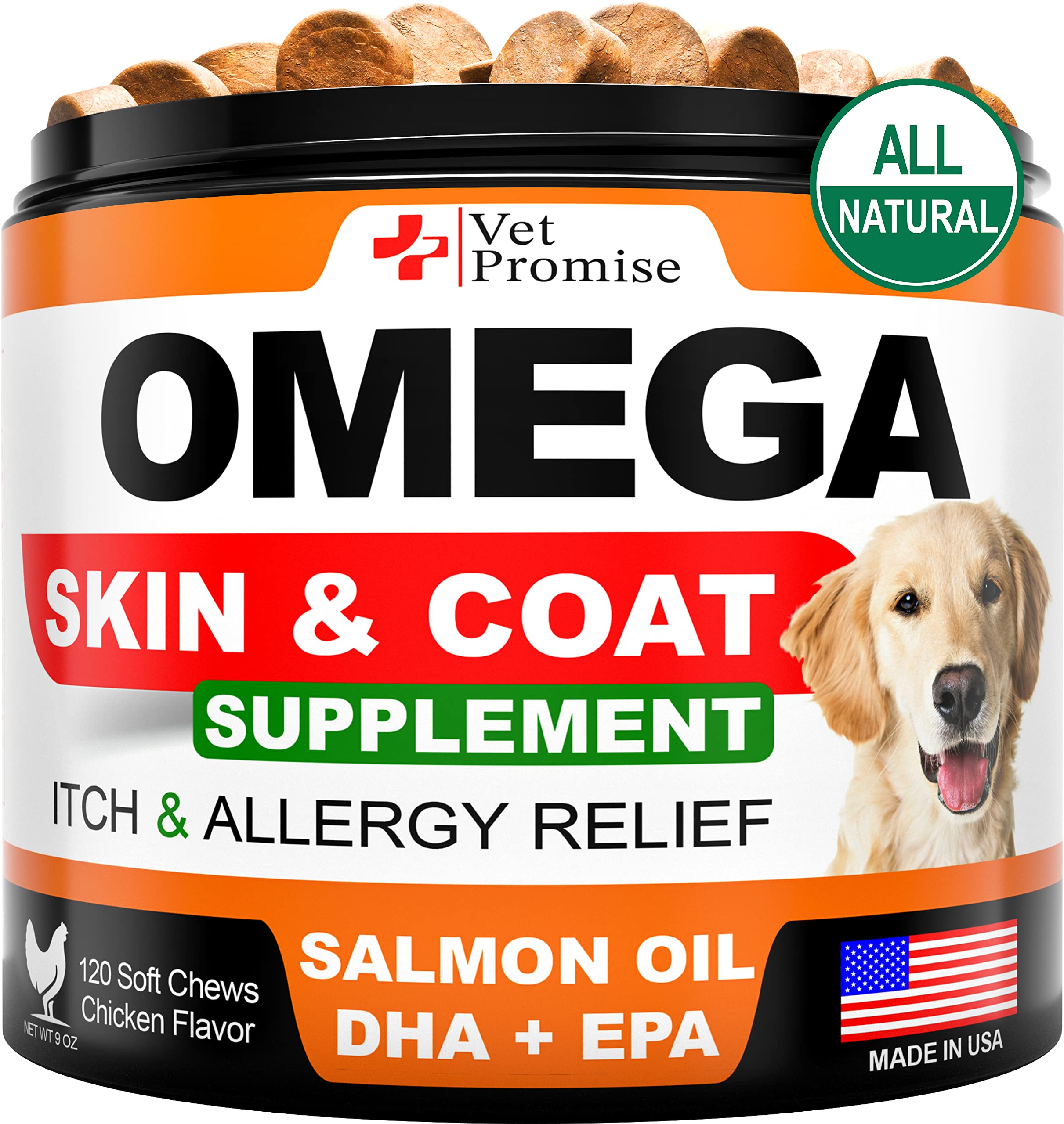 Vet Promise Omega 3 for Dogs bottle pour demonstrates easy daily dosing for healthier skin.