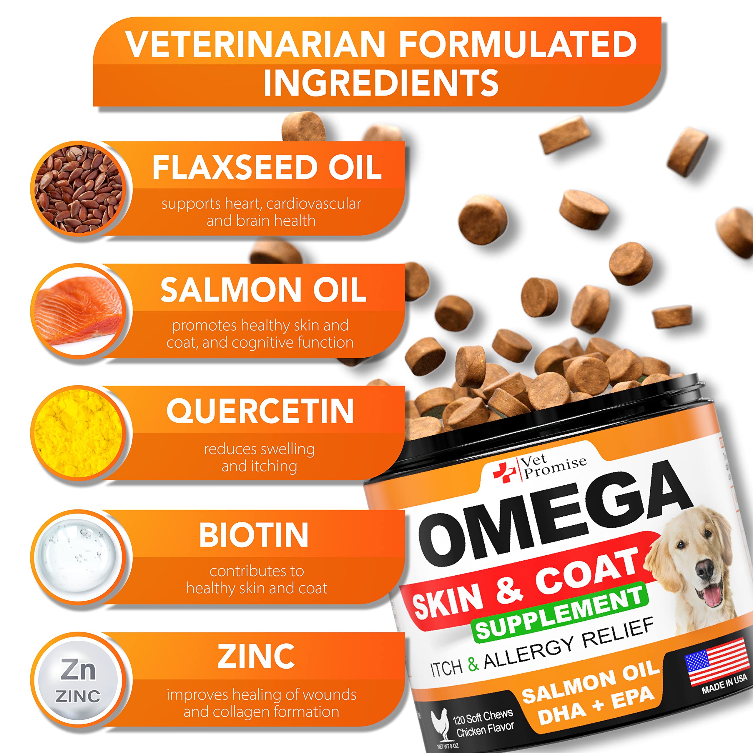 Vet Promise Omega 3 for Dogs coat shine image shows nourished skin and silky fur.
