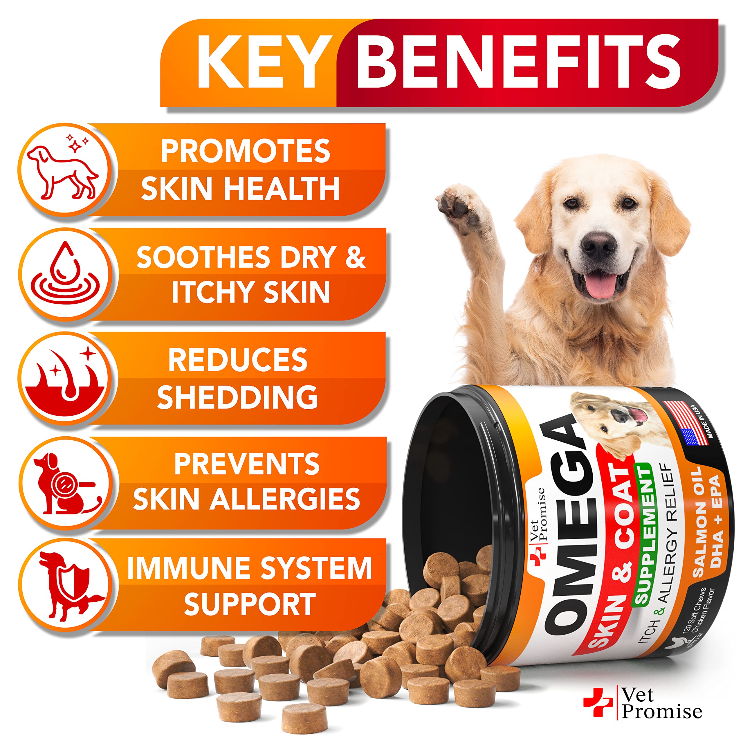 Vet Promise Omega 3 for Dogs soft treats bowl highlights palatable salmon oil for coat shine.