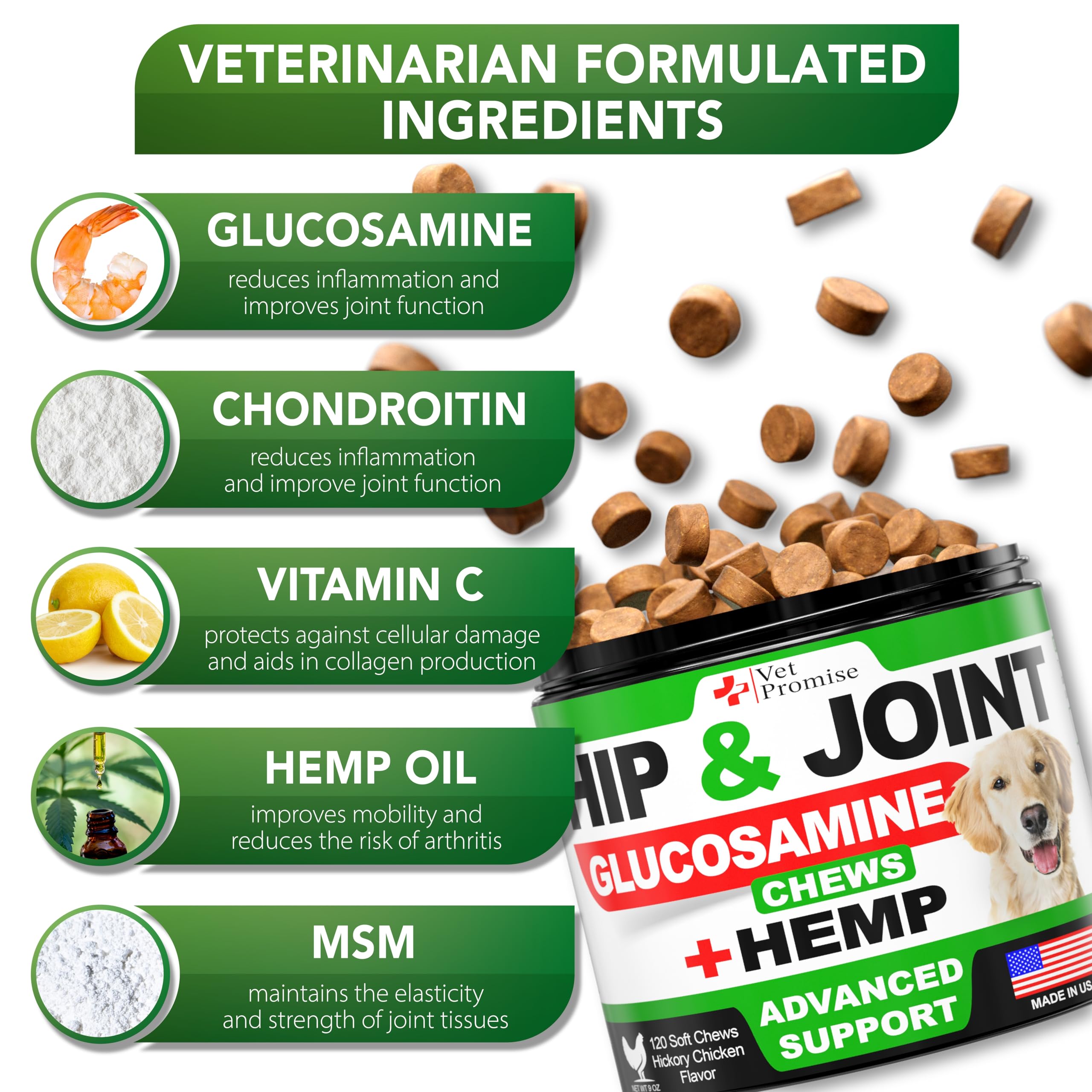 Vet Promise glucosamine dog soft chews close-up improving joint comfort