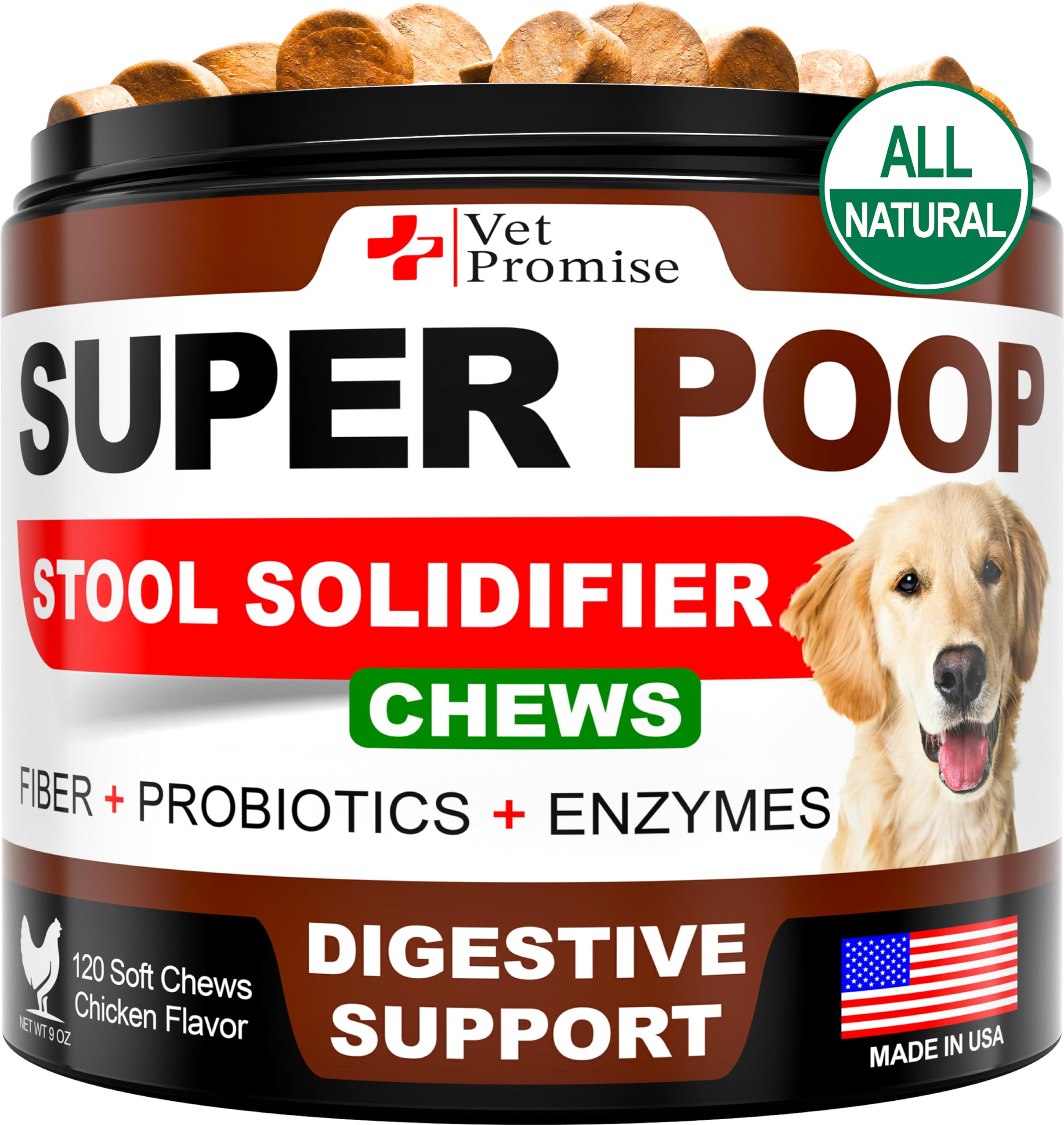 Vet Promise Super Poop Probiotics dog bottle shows chewable digestive support