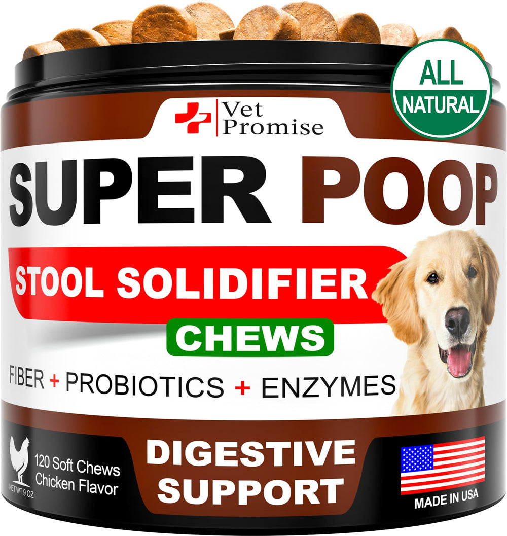 Vet Promise Super Poop Probiotics dog bottle shows chewable digestive support