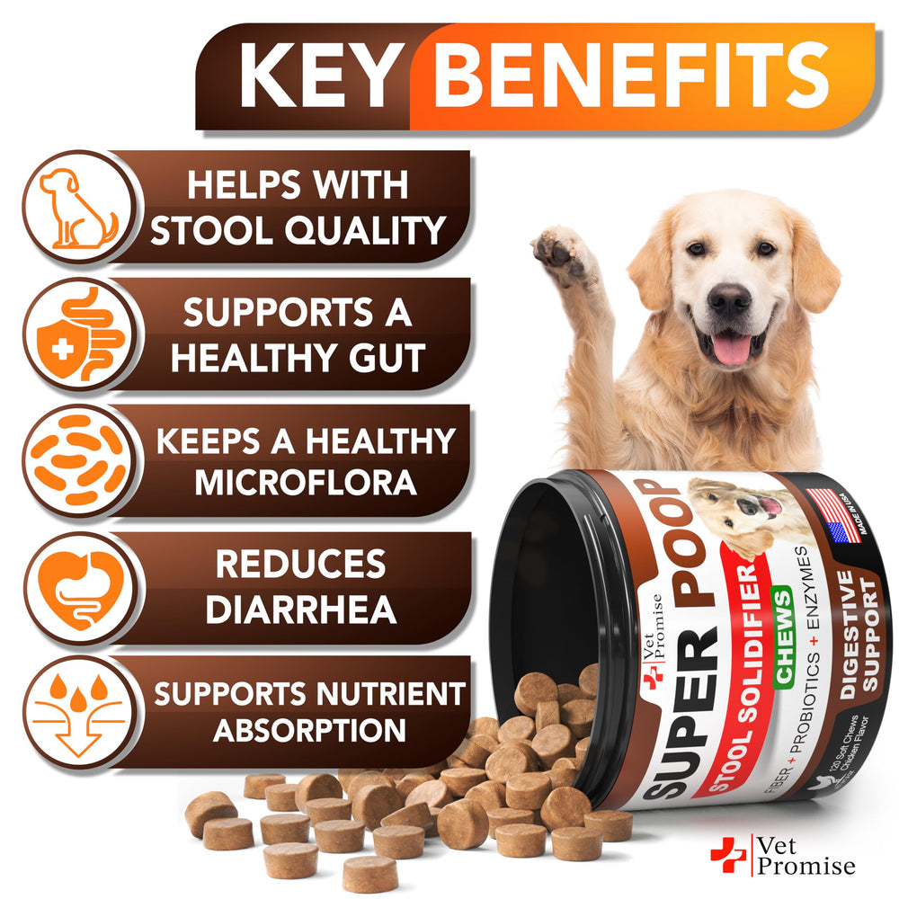 Vet Promise Super Poop Probiotics dogs chews pack highlights fiber and probiotics for steadier stools