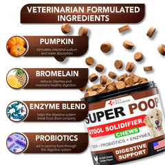 Vet Promise Super Poop Probiotics ingredients label emphasizes natural fibers, probiotics, and enzymes