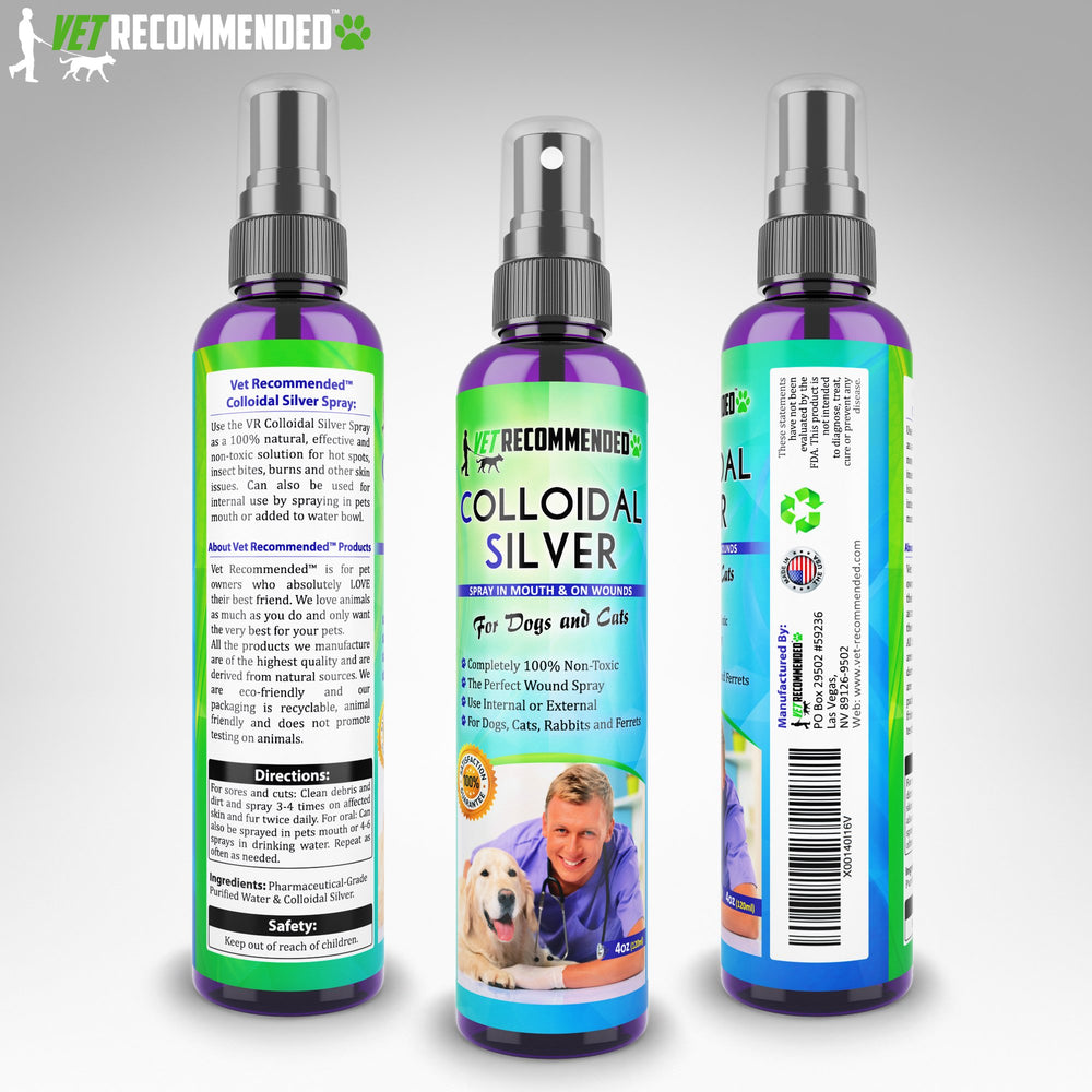 Vet Recommended colloidal silver spray featuring particle size 0.8 nm for broad coverage