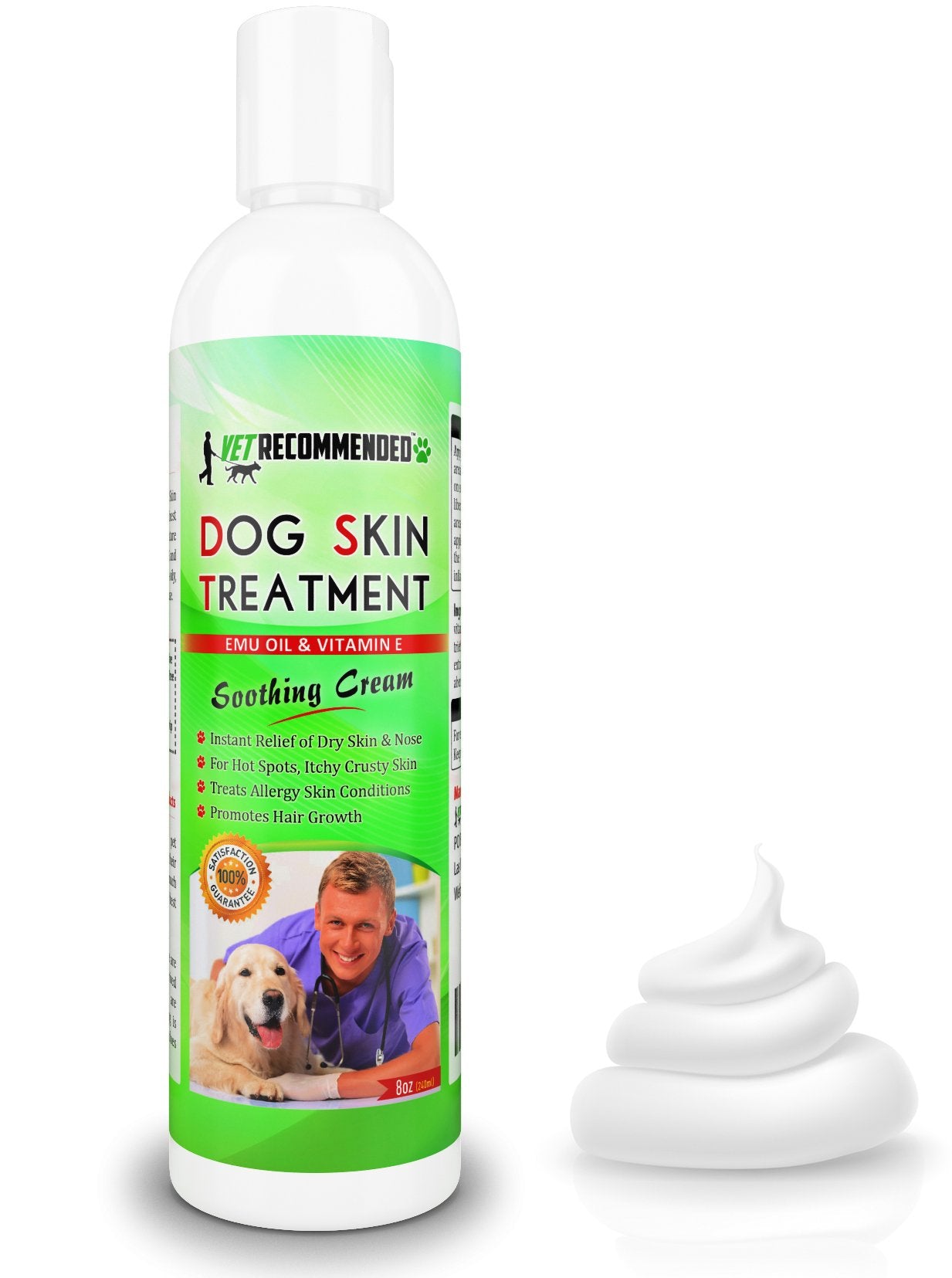 Vet Recommended dog dry skin cream bottle soothes irritated skin and calms hotspots.