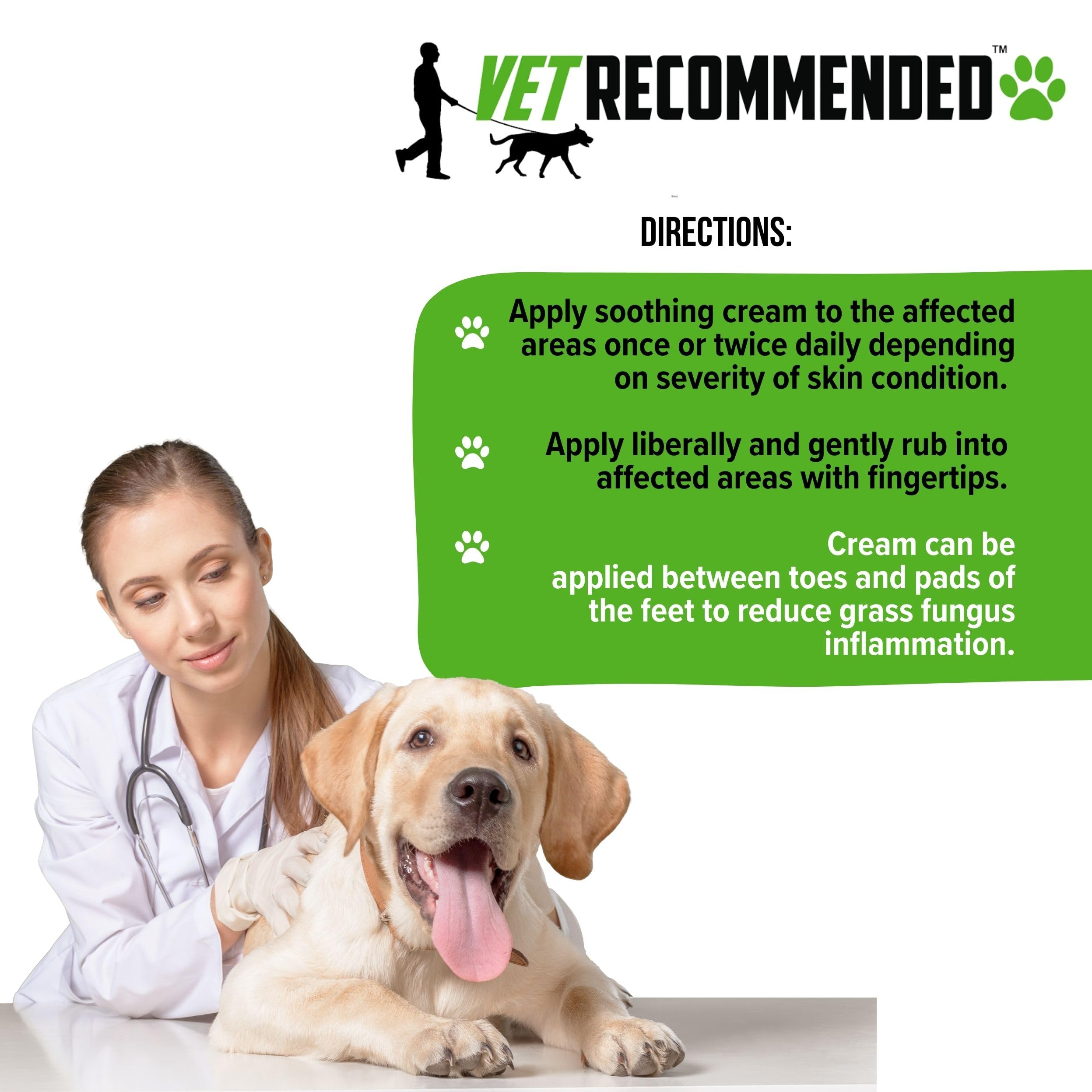 Vet Recommended hot spots relief cream bottle demonstrates easy massage.