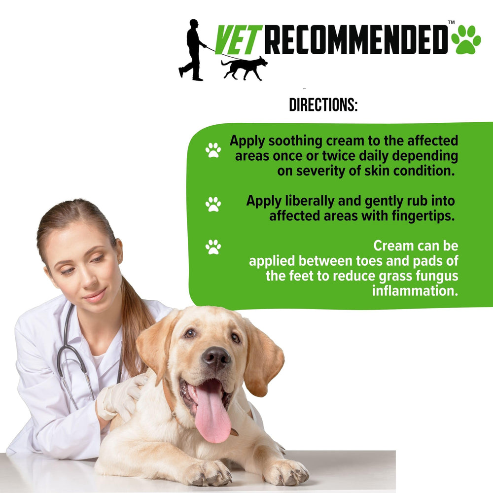 Vet Recommended hot spots relief cream bottle demonstrates easy massage.