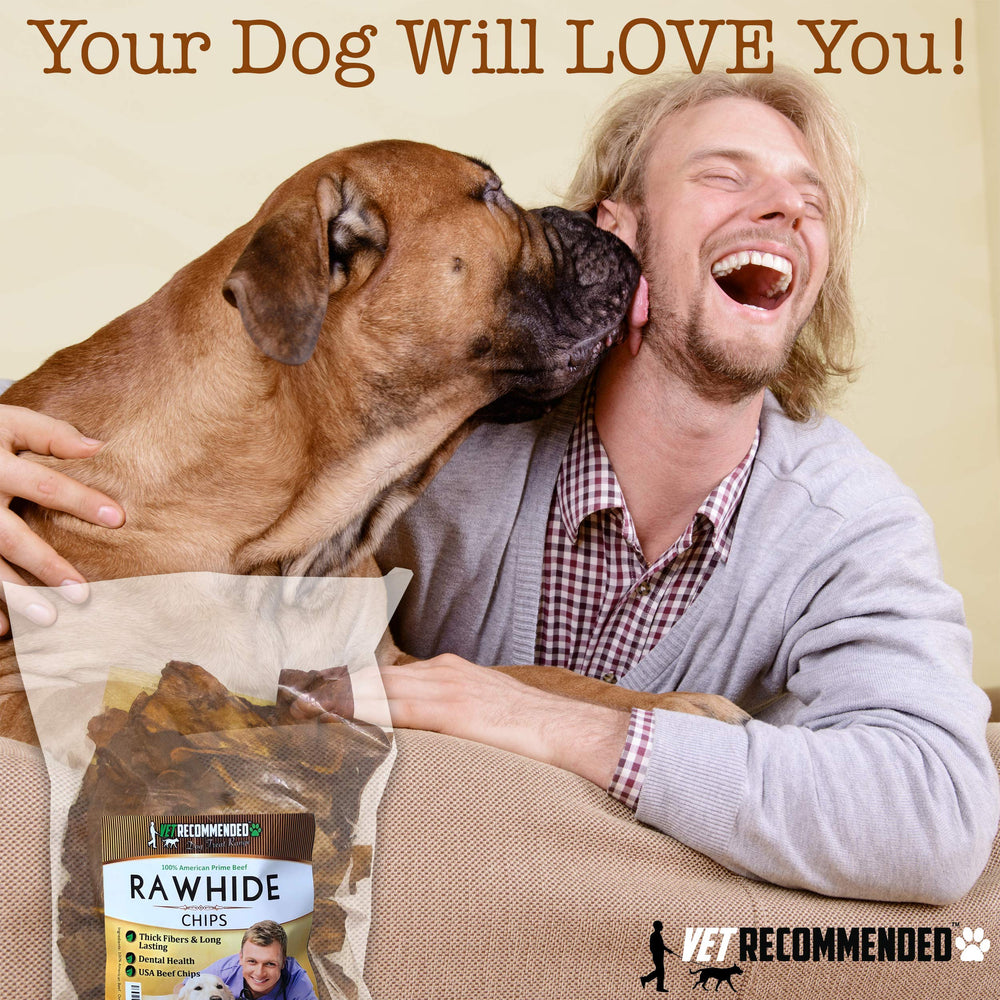 Vet Recommended Premium Beef Rawhide Chips packaging shows USA-sourced beef.