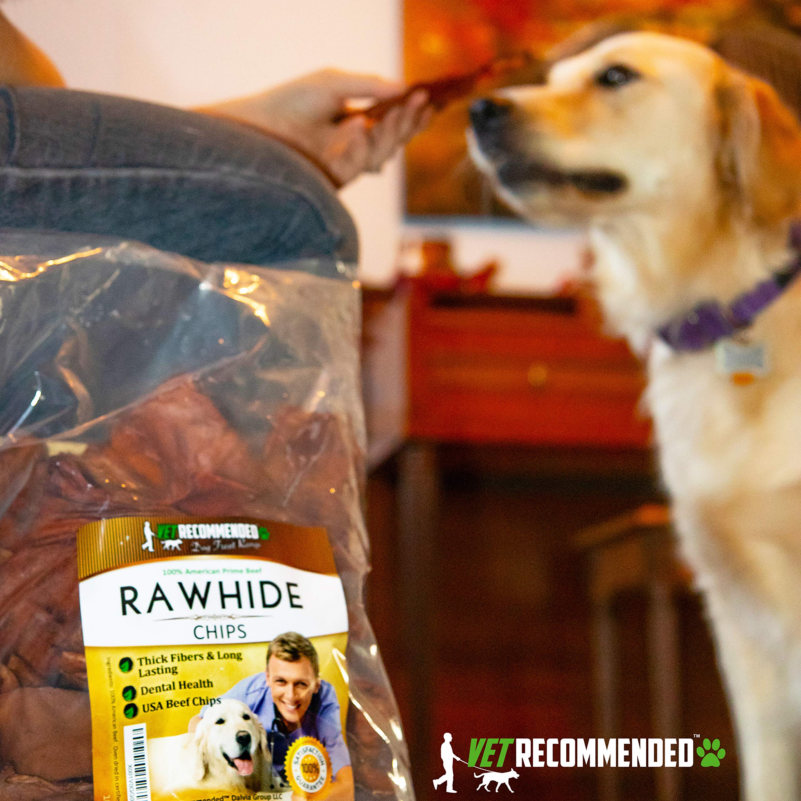 Vet Recommended Premium Beef Rawhide Chips serving guidance for medium and large dogs.