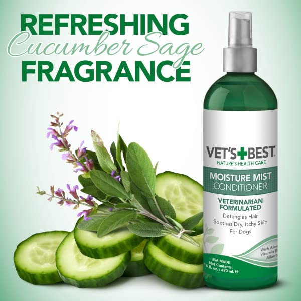 Vet's Best Moisture Mist natural ingredients shelf shot featuring sage, aloe, cucumber.