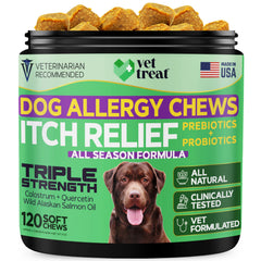 Vet Treat Allergy Relief Chews bottle showing dog-friendly formula for itchy skin relief.