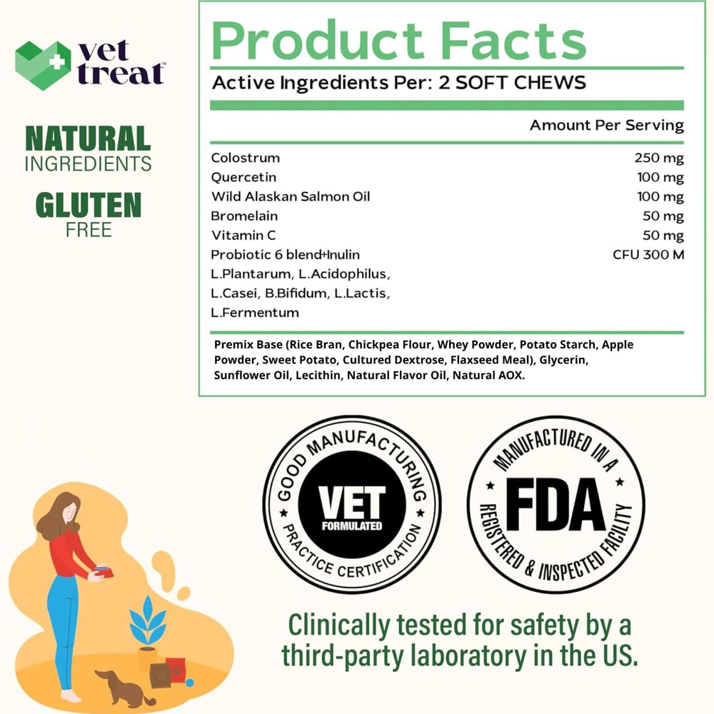 Vet Treat Allergy Relief Chews USA-made facility badge signals quality manufacturing.