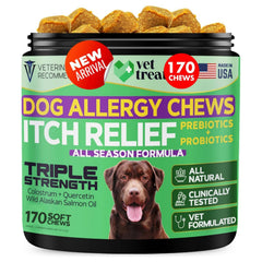Vet Treat dog allergy relief chews packaging shows premium ingredients for itching relief