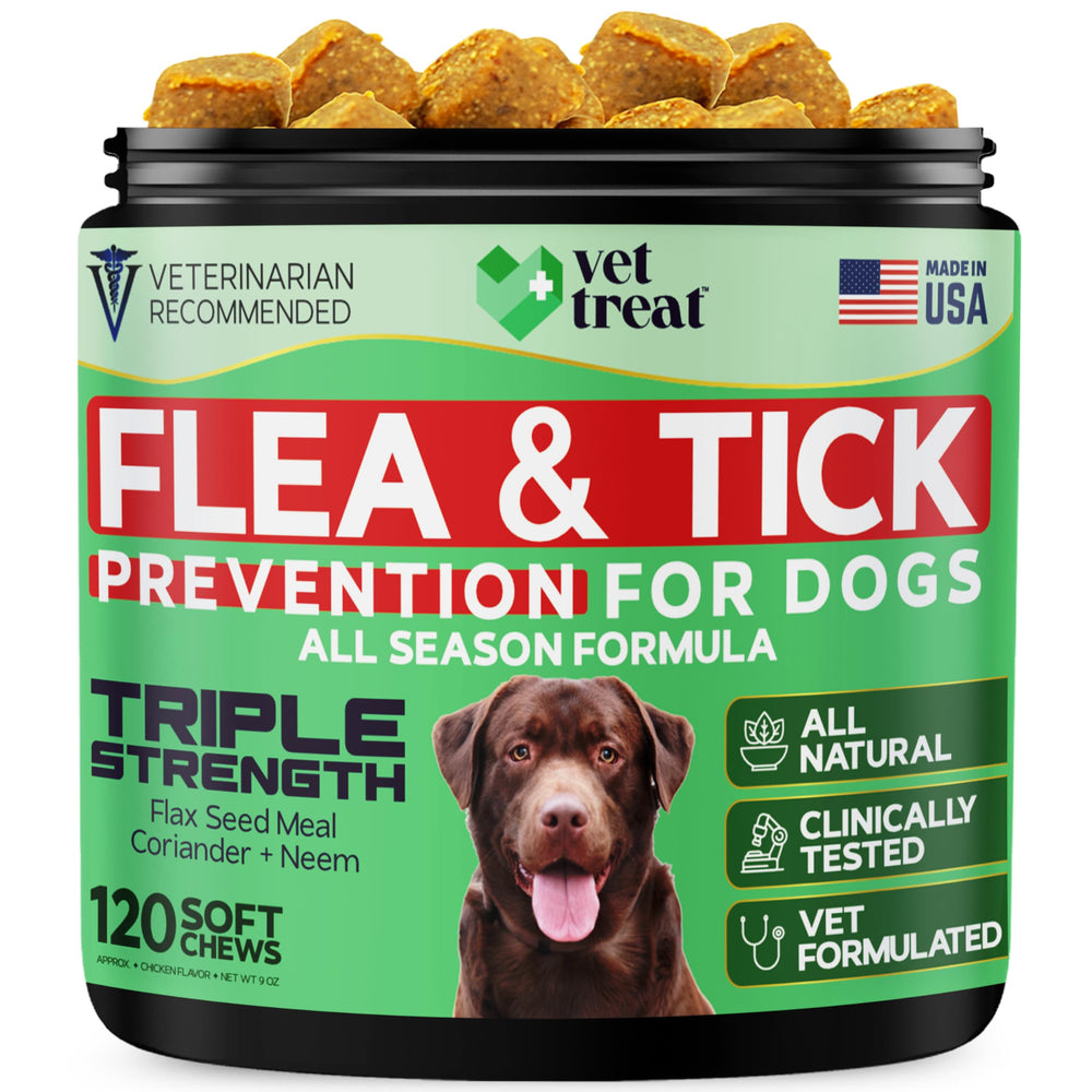 Vet Treat flea tick chews in chicken bottle for easy daily prevention.