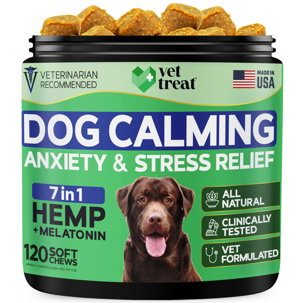 Vet Treat hemp calming chews packaging shows US-made anxiety relief for dogs.