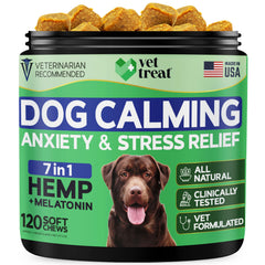 Vet Treat hemp calming chews packaging shows US-made anxiety relief for dogs.