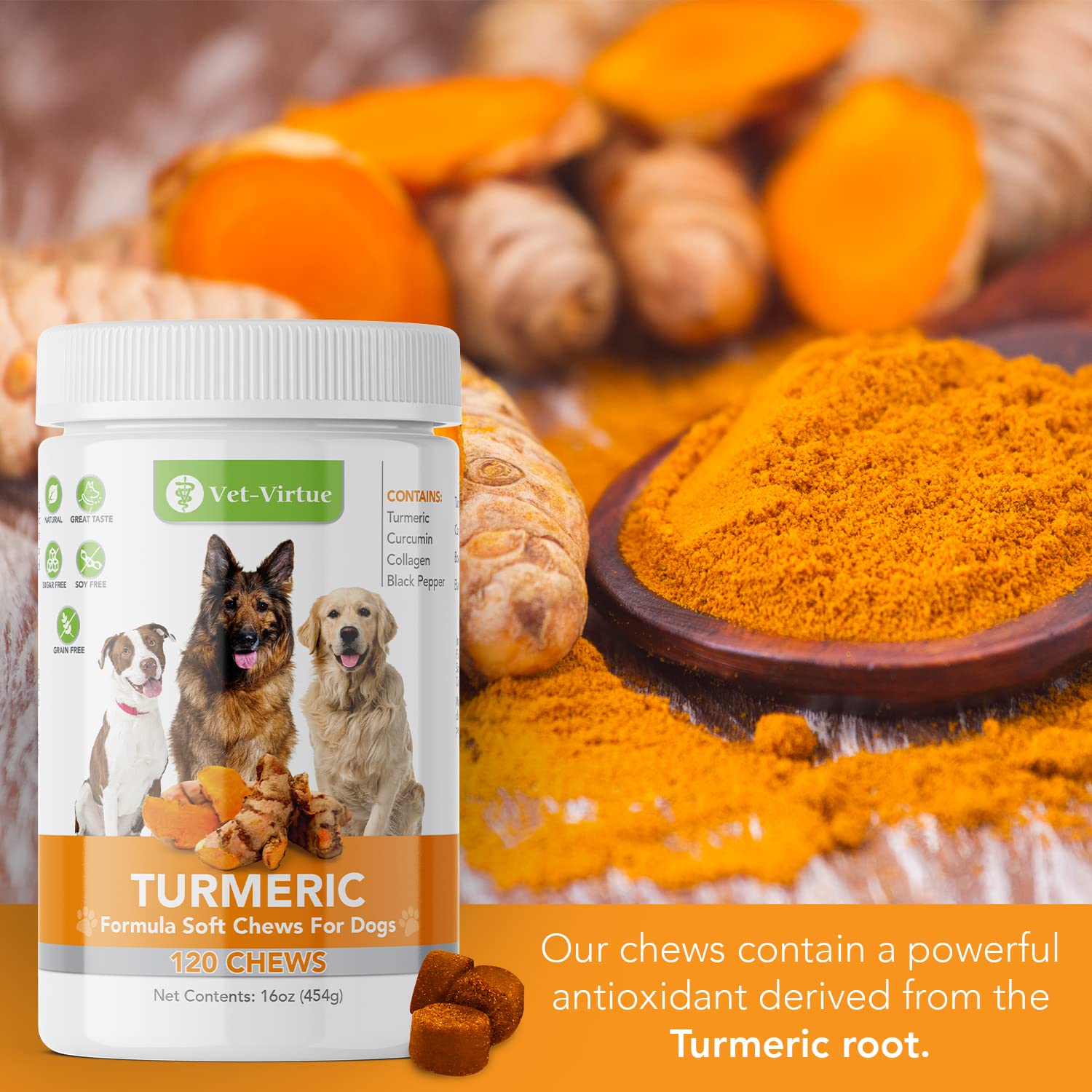 VET-VIRTUE dog-chews-soft-texture-closeup highlights palatability and anti-inflammatory support.