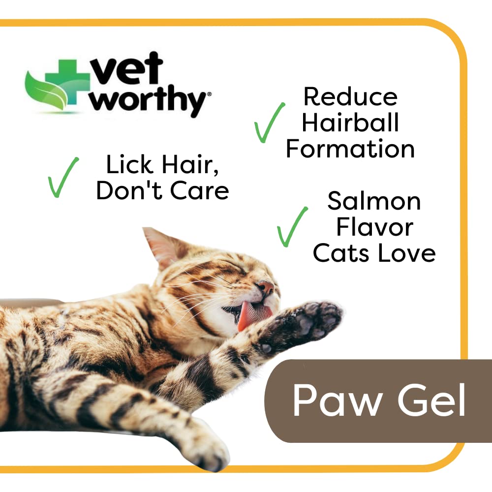 Vet Worthy Hairball Paw Gel salmon flavor encourages licking during grooming.