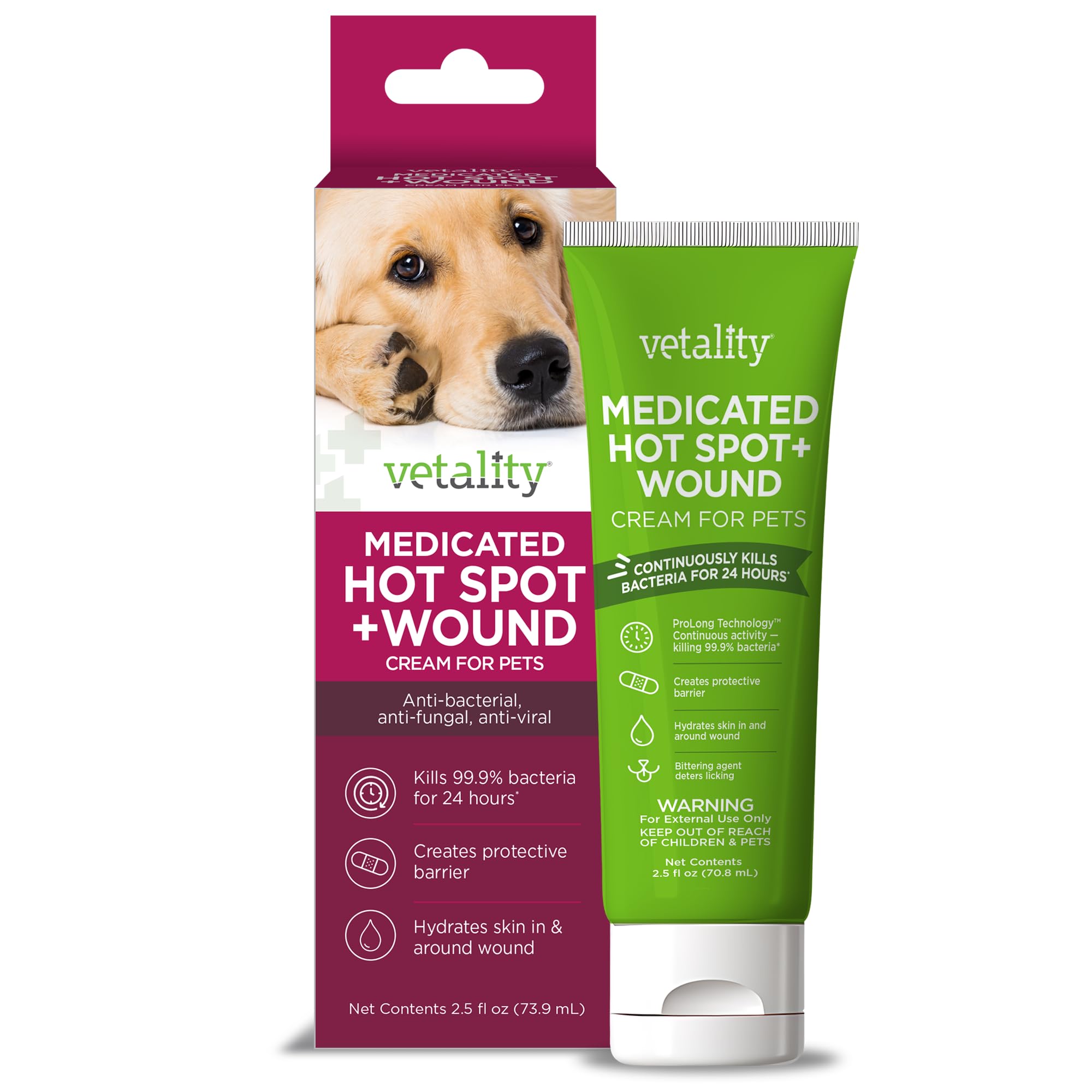 Vetality hot spot ointment dog application demonstrates fast soothing for irritated skin.