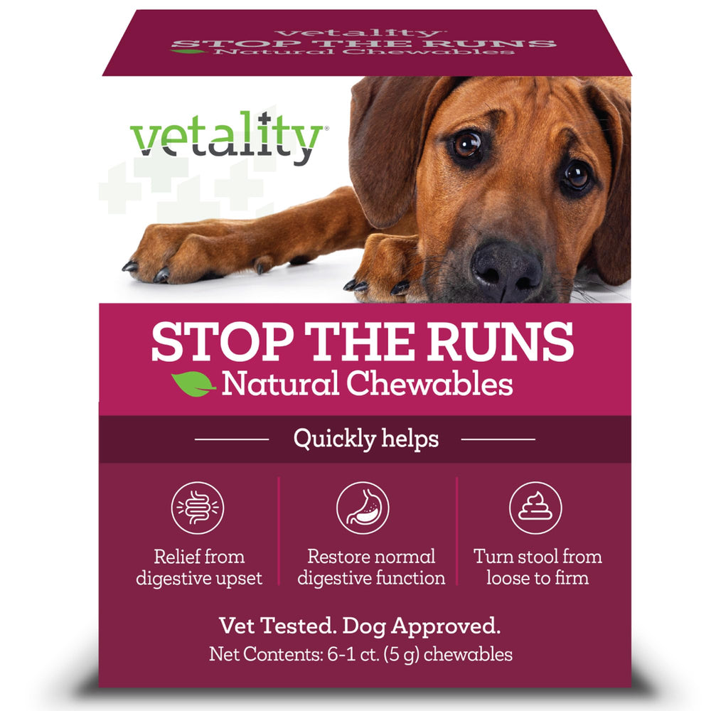 Vetality Stop The Runs bottle showing fast-acting relief for dogs.