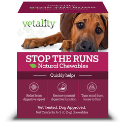 Vetality Stop The Runs bottle showing fast-acting relief for dogs.