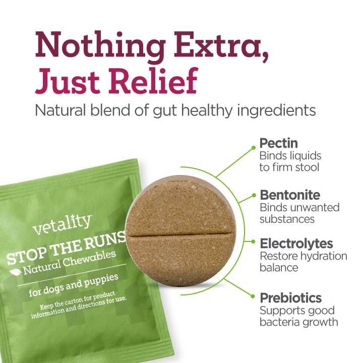Vetality Stop The Runs dog diarrhea remedy close-up with natural ingredients.