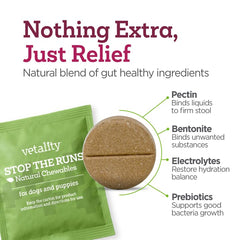 Vetality Stop The Runs dog diarrhea remedy close-up with natural ingredients.