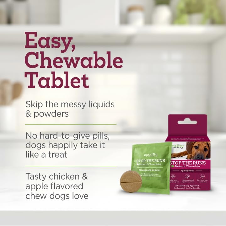 Vetality Stop The Runs daily routine pack helps support digestive comfort.