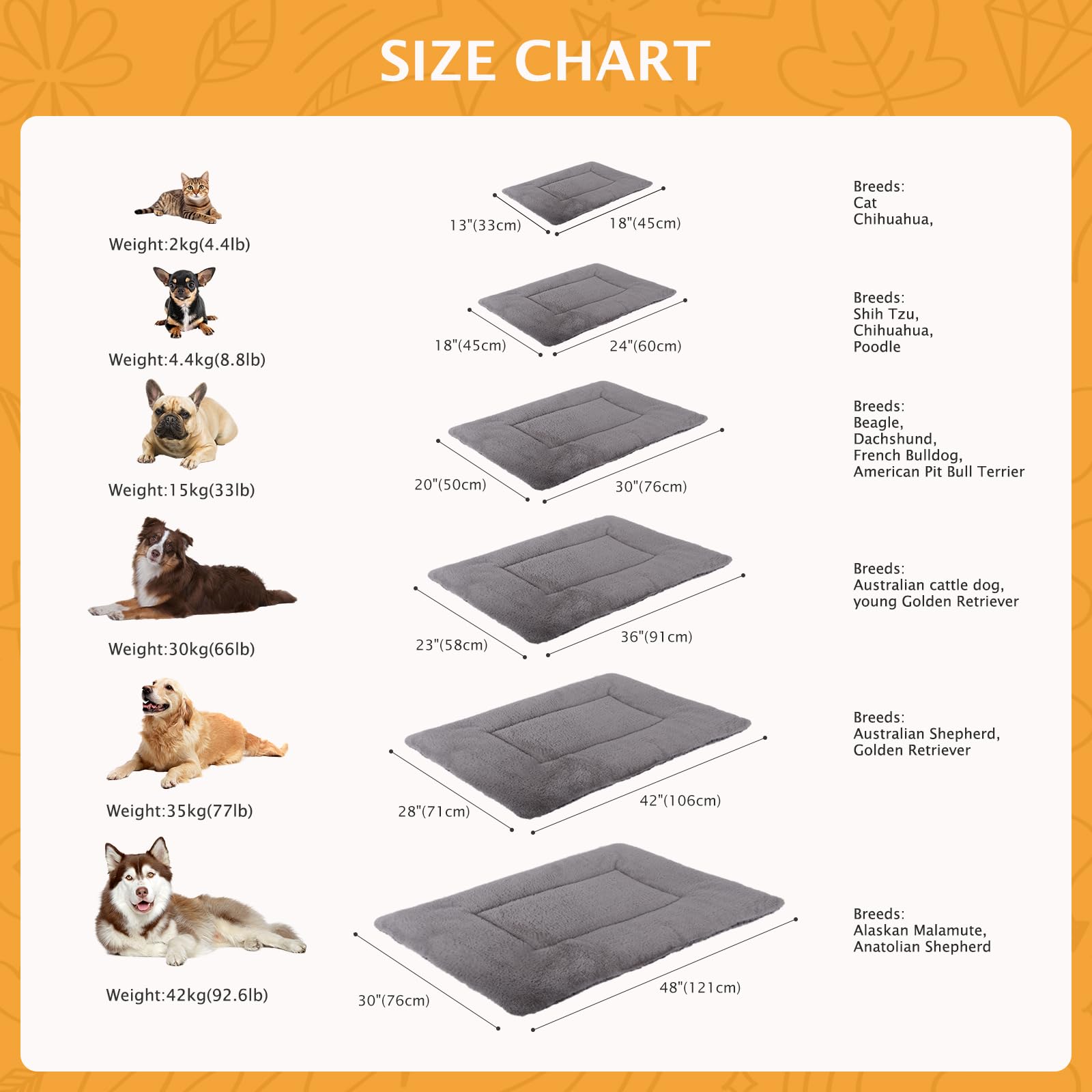Vetasac dog bed mat size guide showing six options