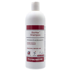 VetBiotek BioHex shampoo bottle, 16 oz, antibacterial and antifungal protection for pets' skin.